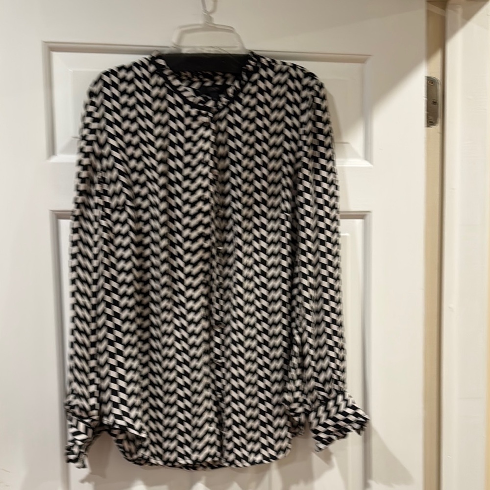 J. Crew Black and White Silk Patterned Blouse